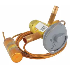 Thermostatic expansion valve for regulating refrigerant flow into the evaporator. Used in commercial HVACR systems such as rooftop units, chillers, and split systems to maintain proper superheat and system efficiency.
