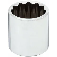 This 3/8" drive hand socket features a 15/16" SAE size with a 12-point configuration for improved grip on hex fasteners. Constructed from chrome, it is suited for manual tightening and loosening tasks in automotive, machinery, and general industrial applications.