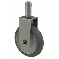 METRO replacement caster for shelf and utility carts. Unfinished silver/gray finish. Dimensions: 5 in height, 1 1/2 in width, 5 in depth. Commonly used to replace worn casters on carts in commercial settings.