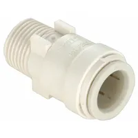This adapter connects 1/2 in OD tubing to 3/8 in male NPT threads. Made of polysulfone, it allows tool-free push-to-connect installation. Used in fluid handling, instrumentation, and control systems