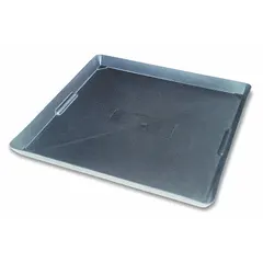 This polyethylene drain pan has a 2-gallon capacity and a low-profile design with a 22-inch diameter and 1 1/2-inch height. It is used for collecting drips, leaks, and spills from machinery or equipment during maintenance and storage, helping to contain fluids in work areas.