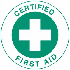 2-inch diameter, non-reflective, English-language circle label. Sold in a standard 4-pack. Used to identify personnel certified in first aid on hard hats in industrial environments.