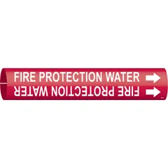 Red snap-on pipe marker with white legend reading 'Fire Protection Water' and directional arrows. Fits pipe outer diameters from 2-1/2 to 3-7/8 inches. Used to identify fire protection water piping in industrial and commercial facilities.