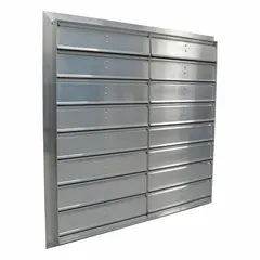 Double-panel, single-flange motorized backdraft damper with flat blades and rubber seals. Designed for horizontal airflow and horizontal mounting in 36-inch nominal ductwork. Operates on 110/230V AC. Suitable for commercial or industrial ventilation systems requiring automatic shutoff to prevent reverse airflow.