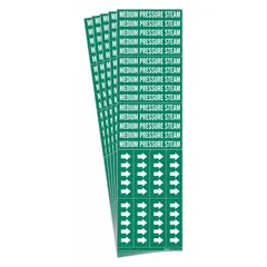 Green adhesive pipe marker with white legend reading 'Medium Pressure Steam' and directional arrows. Designed for pipes with outside diameter of 3/4 inch and smaller. Pack of 5. Used to identify medium pressure steam lines in industrial piping systems.
