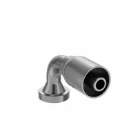 Steel 90° elbow crimp fitting with flange x crimp connection. Male x genderless gender, thread size 0.511"-27, for -8 hose dash size. Used in hydraulic systems to connect hose to flange ports for leak-resistant permanent assemblies