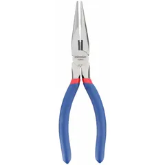Needle-nose pliers with an overall length of 8 1/4 in, jaw length of 2 1/2 in, and tip width of 1/4 in. Designed for gripping, bending, and cutting in confined spaces where standard pliers cannot reach. Suitable for electrical work, jewelry making, and precision assembly tasks.