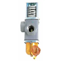 Water regulating valve for controlling water flow in HVACR systems. Used in precision cooling applications to maintain stable temperatures. Replacement part for pumps, valves, and tubing assemblies.