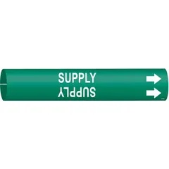 Snap-on pipe marker for identifying supply lines in piping systems. Green background with white legend text reading 'Supply' and directional arrows. Fits pipe outer diameters from 1-1/2 to 2-3/8 inches. Single marker included.