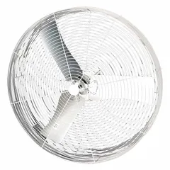 This corrosion-resistant industrial wall-mount fan is designed for ventilation and air circulation in harsh environments. It features a 36-inch blade diameter, a 1/2 hp motor, and operates on 208 to 230/460V AC. The fan is non-oscillating and mounts on a wall via an arm, providing secure installation in factories, warehouses, and processing plants.