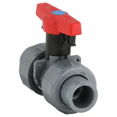 This manual two-way ball valve is made of CPVC with a straight body and socket x FNPT connections. It features a locking tee handle and is rated for a maximum pressure of 235 psi (CWP). Suitable for on/off flow control in CPVC piping systems handling corrosive fluids or in water treatment applications.