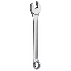 This SAE spline combination wrench features a 7/8 in head size and an overall length of 11-1/2 in. The chrome finish resists corrosion, and the offset design improves access in confined spaces. The spline drive engages multiple fastener types, reducing slippage during tightening or loosening tasks.