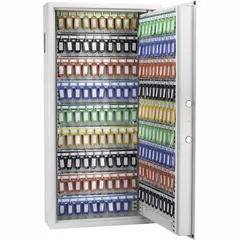 This key cabinet stores up to 180 keys in a white steel enclosure with a digital lock for controlled access. It includes key tags and mounting hardware for wall installation. Typical applications include securing keys in offices, schools, and industrial facilities.