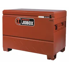 This chest-style jobsite box provides 25.6 cu ft of lockable storage for tools and equipment. It measures 30 in W x 48 in D x 36 3/4 in H and features a padlock hasp (lock not included). The brown finish is suited for construction sites, workshops, and job trailers.