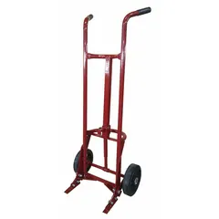 This steel-frame drum hand truck is designed for moving 55-gallon steel containers. It has a load capacity of 1,000 lb and overall dimensions of 59-1/2 in x 23-1/2 in x 18 in. The wheels feature rubber tread on a rubber core for smooth transport. Suitable for industrial settings such as warehouses and factories.