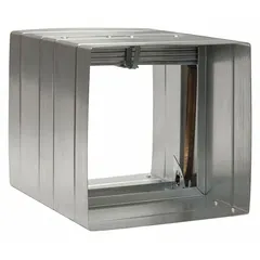 Rectangular curtain-blade fire damper with gravity closure for horizontal mounting. Designed for static HVAC applications to maintain fire-rated compartmentalization. Includes sleeve for duct installation.