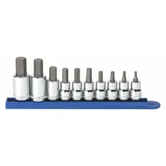 This 25-piece hex bit socket set includes fixed insert bits in sizes from 4 mm to 17 mm, with 3/8 in and 1/2 in drive sockets. The set is used for driving hex fasteners in applications such as automotive repair, machinery assembly, and industrial maintenance.