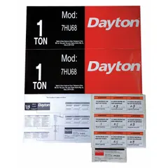 Label kit for DAYTON jib cranes. Provides replacement labels including safety warnings, capacity markings, and operational instructions. Designed for use with model 7HU68.