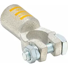 Straight alignment battery terminal for 4/0 gauge cable. Crimp connection type with copper contact material. Color-coded yellow for positive polarity. Overall width of 1 inch. Used to terminate battery cables in heavy-duty electrical systems.