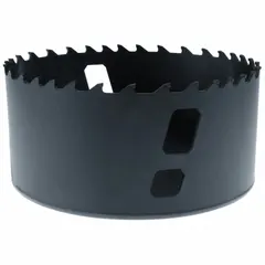 Carbide-tipped hole saw for multi-material cutting, with 3 1/4 in diameter and 2/3 teeth per inch. Maximum cutting depth of 1 15/16 in. Features a 5/8"-18 thread arbor connection. Suitable for cutting metal, wood, and plastic in maintenance, construction, and fabrication tasks.