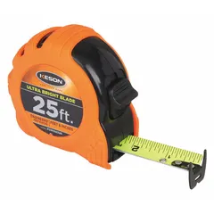 This 25 ft engineers-scale tape measure features a black plastic case with a rubberized grip and a manual lock. The blade displays SAE/Engineers Scale markings in feet and inches with 1/16 in graduations, and includes a nonmagnetic double hook tip. The vertical read design aids in overhead or vertical measurements. Typical applications include precision layout and measurement in construction, engineering, and industrial settings.