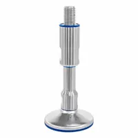 This hygienic male leveling mount features a swiveling stud with M20 thread size and 120 mm length, supporting loads up to 30 kN. The round base includes a 24 mm joint hex and an adjustable sleeve with an FDA-compliant wiper and sealing ring. Designed for use in sanitary environments where equipment leveling and contamination prevention are required. Mounting holes are not included