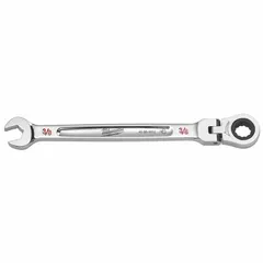 Chrome vanadium steel wrench with chrome finish. Features a 3/8 in head size and 7/8 in overall length. The ratcheting box end allows fastener tightening and loosening in confined spaces without repositioning.