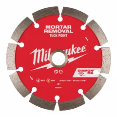 This 5-inch diameter tuckpointing blade features a segmented rim for efficient cutting of mortar joints. It accommodates 5/8-inch to 7/8-inch arbors and is suitable for both wet and dry cutting applications in masonry restoration and repair.