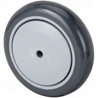 This caster wheel features a gray polyurethane tread on a plastic core, offering floor protection and quiet operation. With a 5-inch diameter and 1 1/4-inch width, it supports a 375 lb load rating. Suitable for light-duty material handling equipment such as carts, dollies, and racks in industrial, commercial, and warehouse settings