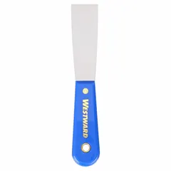 Standard scraper with a full, straight carbon steel blade and plastic handle. Designed for general scraping tasks such as removing paint, adhesive, rust, and debris from flat surfaces. Stiff tapered blade shape provides effective material removal in maintenance and repair applications.
