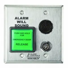 This push-to-exit button is designed for momentary release of door locks in egress applications. It features a green stainless steel finish and measures 2 in width, 2 in height, and 2-1/4 in depth. The push-button operation is suited for commercial or industrial facilities requiring a visible exit signal.
