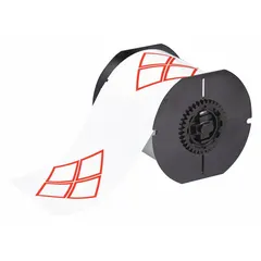 Precut label roll with red GHS/CLP 4B diamond pattern, designed for printing hazard communication labels. Labels are white polyester with acrylic adhesive, measuring 4 1/8 x 6 3/32 inches. Compatible with BBP30 printer series. Used for labeling chemical containers in industrial facilities.