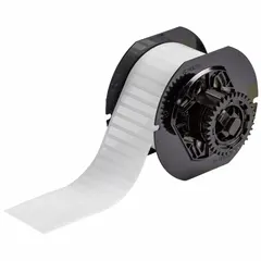 Thermal transfer precut label roll with acrylic permanent adhesive, halogen-free material. Contains 3,200 labels per roll, each measuring 1/4 in x 2 in. Compatible with i3300 printer series. Suitable for industrial identification, wire marking, component labeling, and asset tracking.