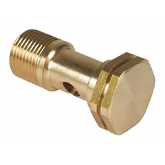 Brass banjo connector designed for use as a fluid or air line fitting in pressure washers and similar equipment. Compatible with manufacturer model HSE-1502-0MG10 and parts 3WB93, 3WB94, and 3WB96. The brass construction provides corrosion resistance for demanding environments.