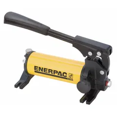 Single-acting hand pump for hydraulic fluids, constructed with a steel body. Delivers a maximum first-stage pressure of 2,850 psi. Designed for use with single-acting cylinders in applications requiring manual hydraulic pressure for lifting, pressing, or clamping.