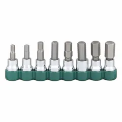 This 25-piece hex bit socket set features a 3/8 in drive size and includes 8 pieces with a 2 in overall length. The set covers hex bit sizes from 5 mm to 12 mm and includes a replaceable insert. Suitable for driving hex fasteners in automotive repair, machinery assembly, and general maintenance tasks.