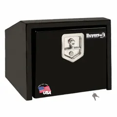 This single drop-down door box is constructed from black steel and features a keyed lock for security. It is designed for underbody mounting on vehicles to provide lockable storage for tools and equipment. Typical applications include service trucks, construction fleets, and industrial maintenance vehicles.