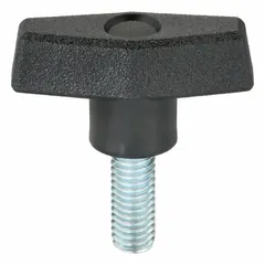 T-handle knob with a plastic body and steel threaded stud. Features a 3/8"-16 thread size and 1 in thread length. Used for manual clamping, positioning, and adjustment on machinery, jigs, and fixtures.