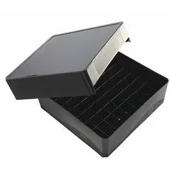 This black polypropylene storage box measures 5 1/8 in overall length, 5 1/8 in overall width, and 1 7/8 in overall height. It is designed to hold up to 81 microtubes of 1.5 to 2.0 mL, suitable for organizing samples in laboratory environments.