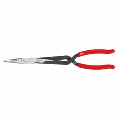 Long-reach needle-nose pliers with a 45° bent jaw for accessing confined spaces. Overall length 13 in, jaw length 3 in, tip width 1/4 in. Suitable for gripping and bending in tight areas where standard pliers cannot reach.