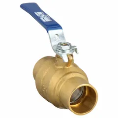 This brass ball valve features a straight body with sweat x sweat connections for copper tubing. The two-piece design and memory stop lever handle provide reliable on/off flow control in plumbing and HVAC systems.