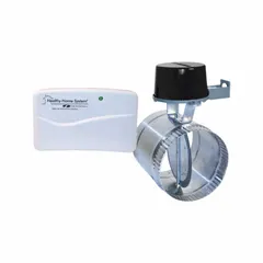 Motorized fresh air intake damper with 12-inch diameter, flat blade, and rubber blade seal. Operates on 24V AC with normally closed switch action, maximum air velocity 1,000 fpm. Crimped/slip-over design, dimensions 12 1/8 in L x 16 7/8 in H x 16 7/8 in W. Includes mounting hardware. Used in HVAC systems to control outdoor airflow.