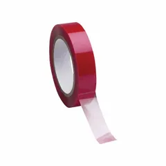 Polyester film tape with silicone adhesive, red, flame-retardant. 2 mil thickness, 72 yards length. Used for high-temperature masking in powder coating, plating, and wave soldering processes.