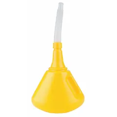 This spout funnel has a 64 fl oz fluid capacity and a 4 1/2 in overall diameter. Made of yellow polyethylene, it includes a removable spout for controlled pouring and easy cleaning. Commonly used in vehicle maintenance and industrial settings for transferring oils, coolants, or fuels.