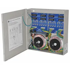 This power supply board with steel enclosure operates on 115V AC input and provides 24V AC at 25A isolated output across 16 fused circuits. It is used for centralized power distribution in systems requiring multiple protected outputs, such as access control, security, and automation equipment.