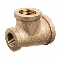 This threaded low-pressure pipe tee is used to create a branch connection in potable water systems. The reducer configuration allows joining pipes of different sizes. Made from C89833 brass, it has a maximum operating pressure of 200 psi at 72 °F.