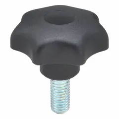 7-arm knob with threaded stud for manual adjustment and clamping on machinery, jigs, and fixtures. Plastic body with steel thread insert. 63 mm diameter, 1/2"-13 thread size, 30 mm thread length.