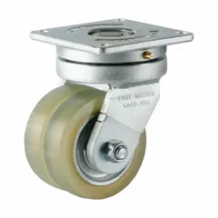Swivel plate caster with polyurethane dual wheels, 100 mm diameter, 30 mm width, and 150 mm mounting height. Designed for automated guided vehicles and autonomous mobile robots in material handling and industrial automation.