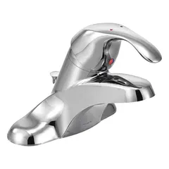 Centerset bathroom faucet with low arc design. Constructed of brass with chrome finish. Flow rate of 1.2 gpm. Includes mounting hardware. Suitable for standard lavatory sinks in residential or commercial settings.