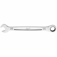 This MILWAUKEE combination wrench features a 12-point ratcheting box end and a 25 mm open end for turning metric fasteners. The chrome finish provides corrosion resistance, and the standard length offers leverage for tightening or loosening bolts in assembly and maintenance tasks.